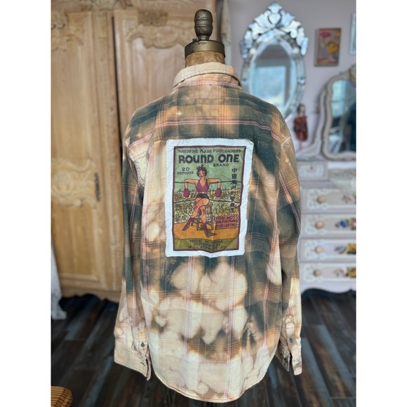 Upcycled Flannel Shirt M Firecracker Graphic Folk Art One of One - Picture 8 of 9